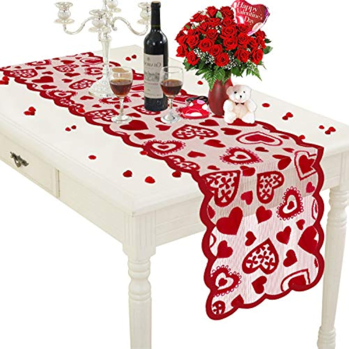 Valentines Day Decor Table Runner - 13 X 72 Inch Red Lace Table Runner For Wedding Party, Valentines Decorations - Valentines Day Decor Home Romantic Decorations Heart Shaped Table Runner