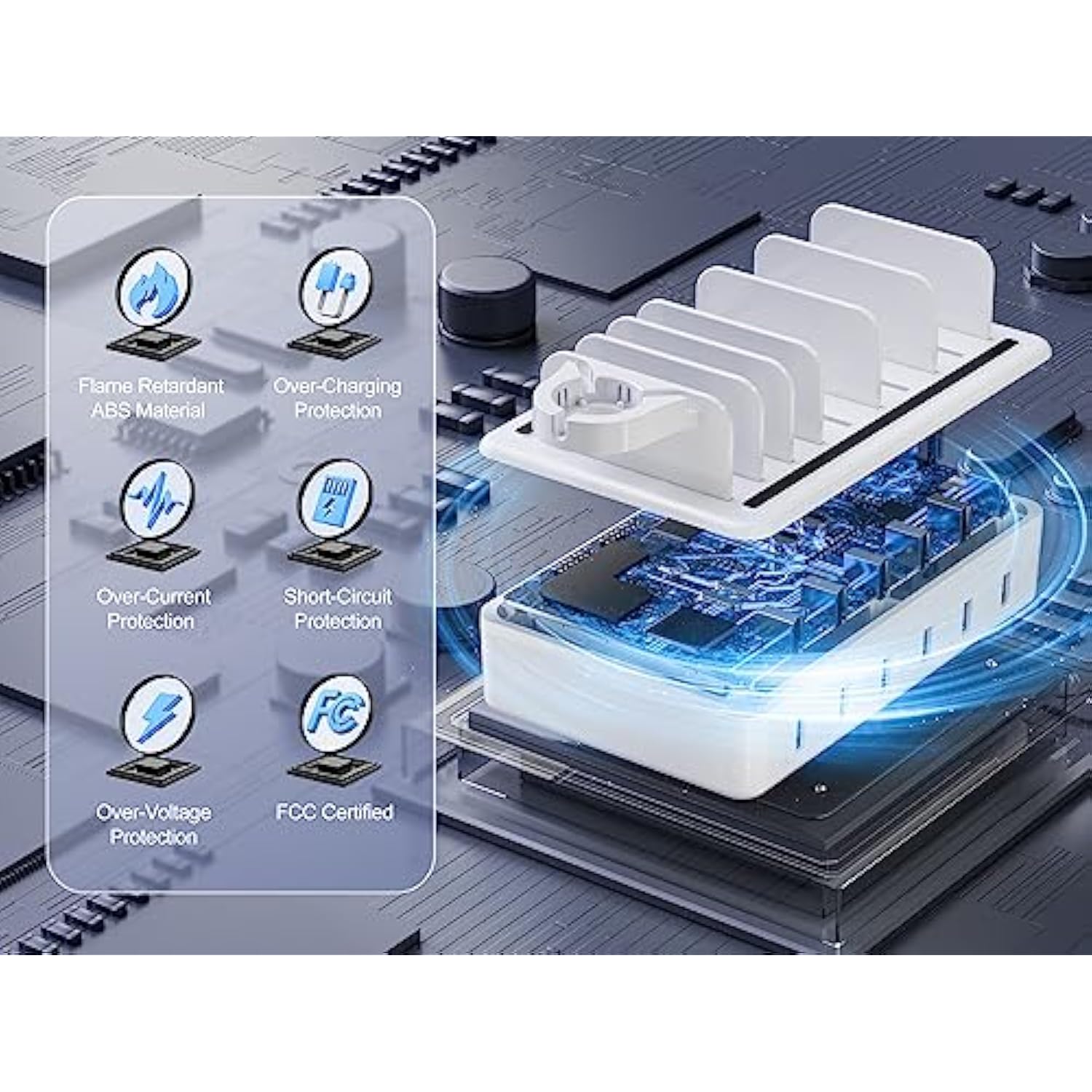 Charging Station For Multiple Devices, 6 Port 50W Fast Multi Charger Station Charging Dock With 6 Mixed Charging Cables For Iphone, Ipad, Kindle, Tablet, Cellphone And Others