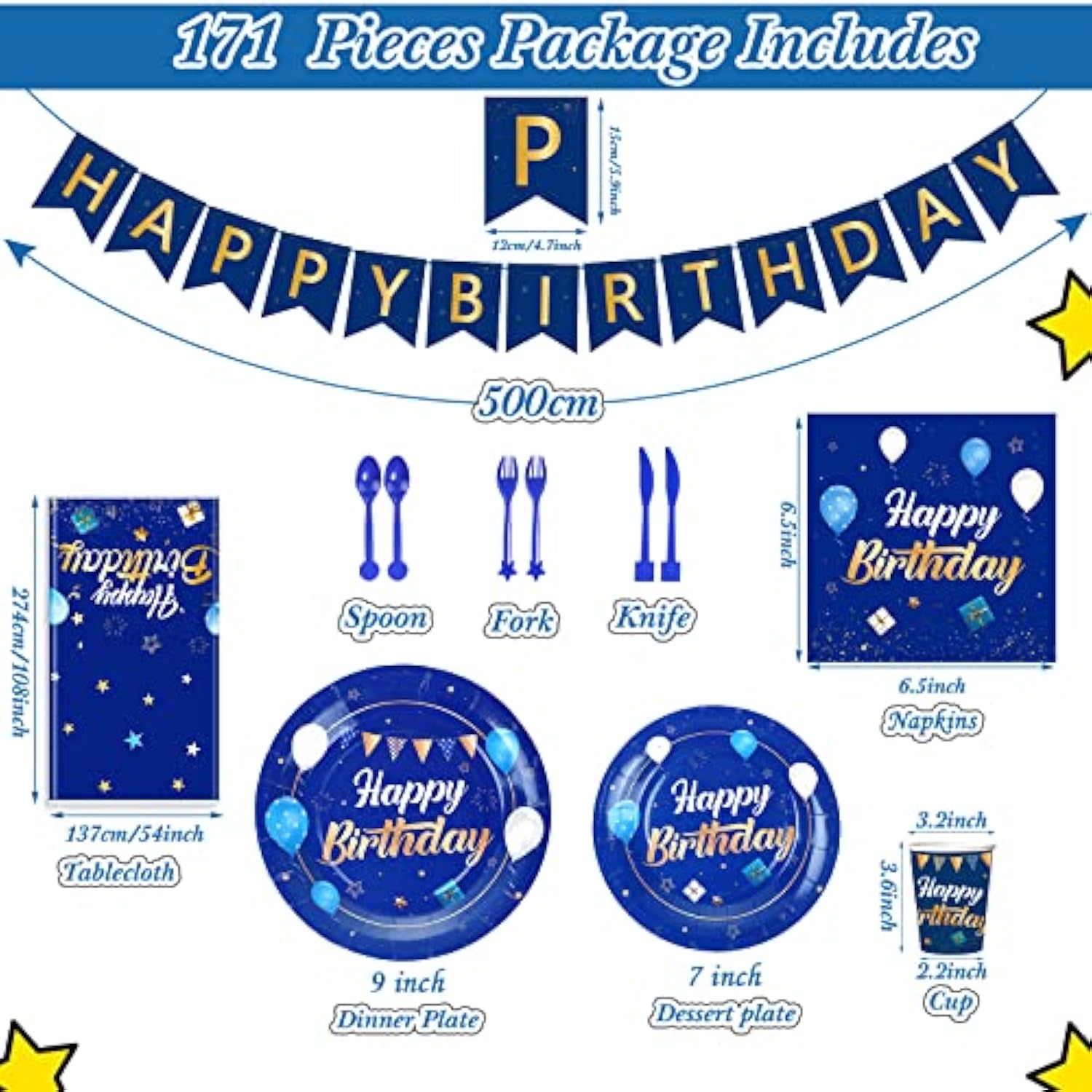 Blue & Gold Birthday Tableware Set – Banner, Tablecloth, Plates, Cups and Napkins for 24