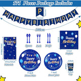 Blue & Gold Birthday Tableware Set – Banner, Tablecloth, Plates, Cups and Napkins for 24