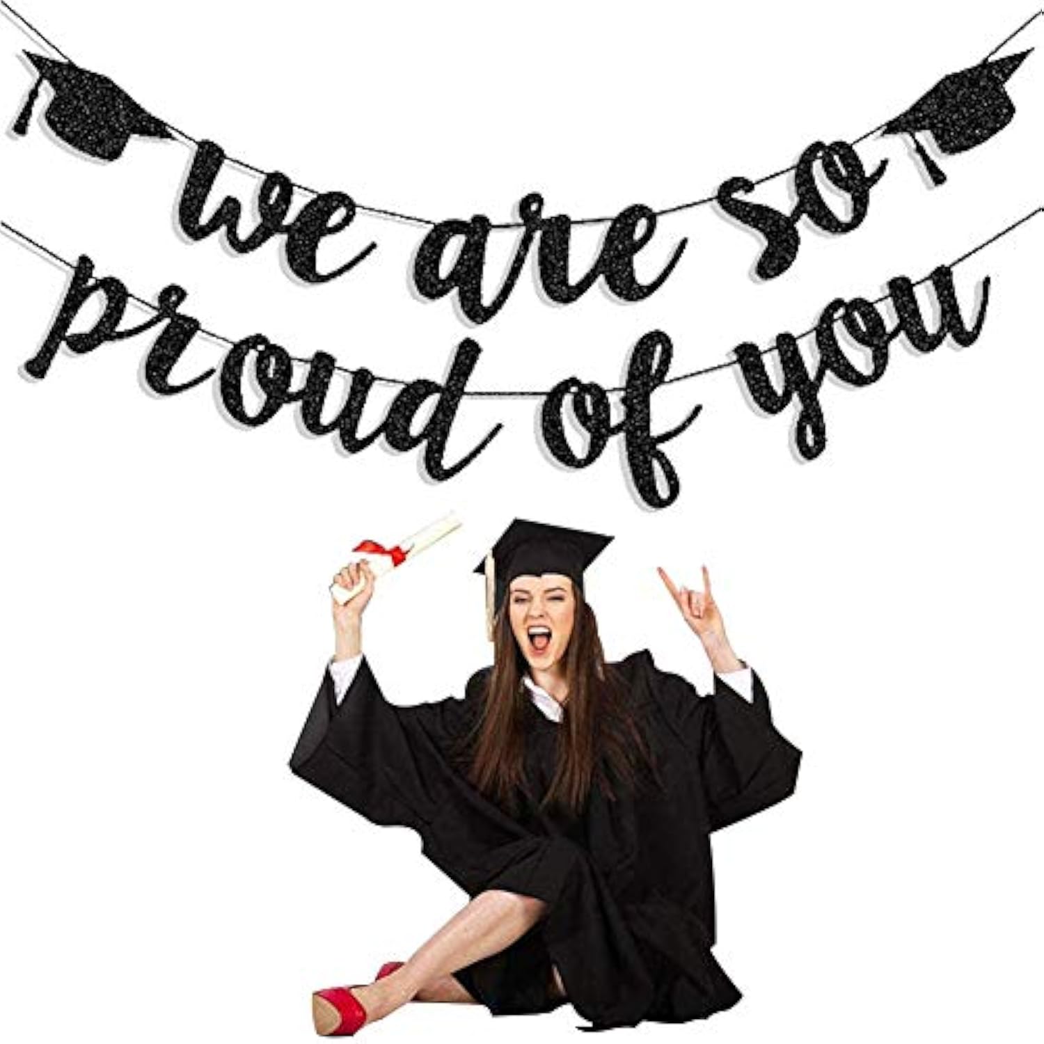2025 Graduation Banner: Black Glitter "We Are So Proud of You" Garland