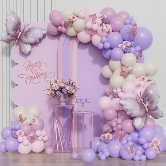 Purple Butterfly Balloon Arch Garland Kit 150 Pcs White Sand Boho Pastel Balloon For Butterfly Theme Birthday Baby Shower Fiesta Party Decorations For Girls