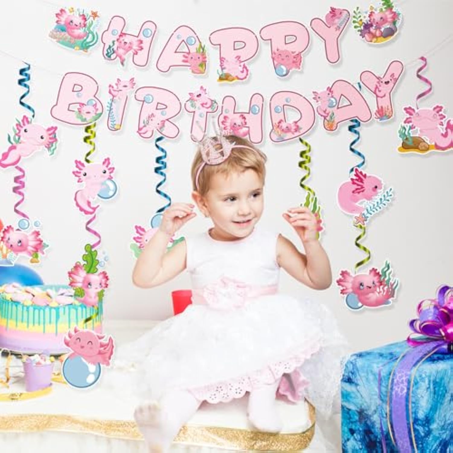 Axolotl Happy Birthday Banner - 12Pc Pink Birthday Decor Backdrop Sign Party Supplies Set Cute Animals Photo Background Supplies Hanging Swirls Decorations Girls Boys Women Men Children Kids