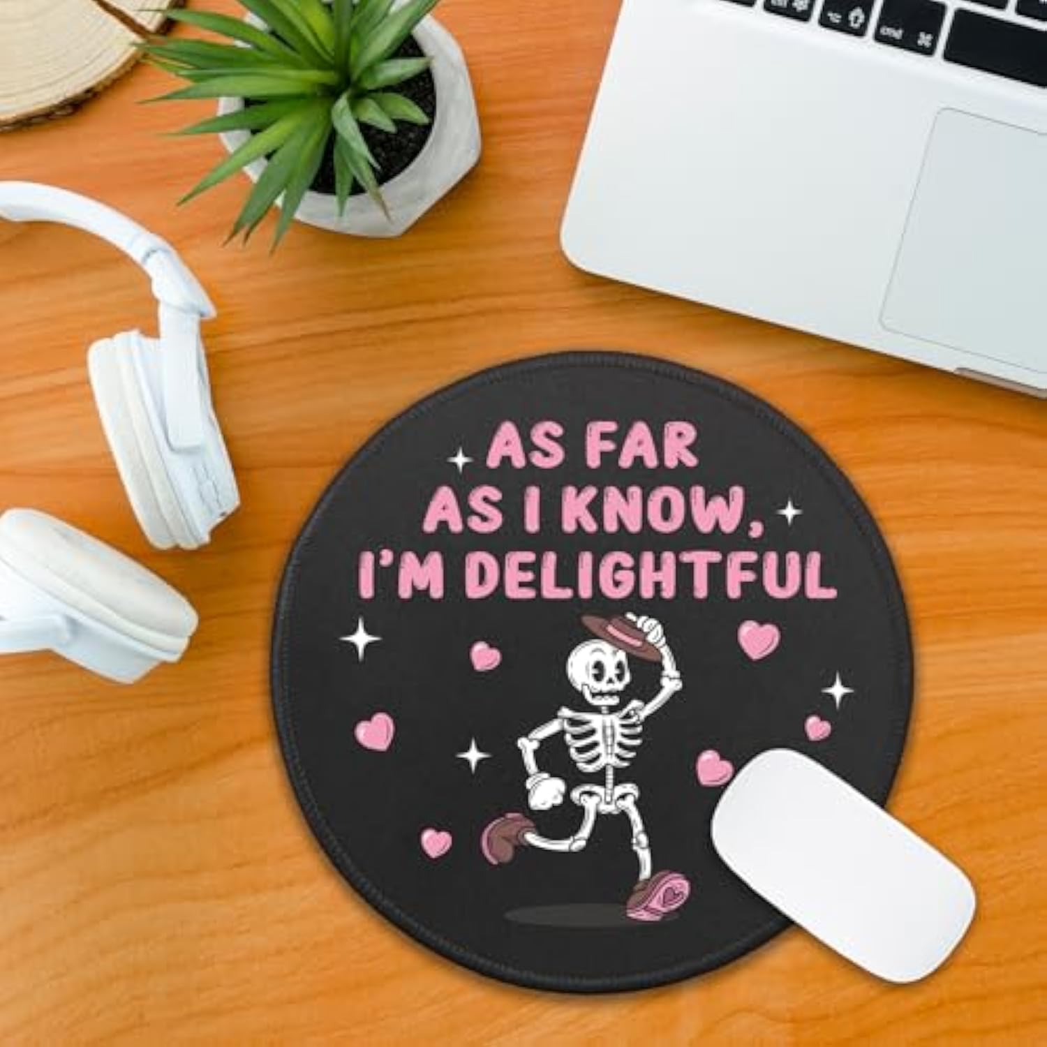 Funny Skeleton Round Mouse Pad, As Far As I Know I'M Delightful Mousepad For Desk, Small Mouse Mat With Non-Slip Rubber Base, Office Decor Gifts For Women, Work Humor Gifts For Colleague