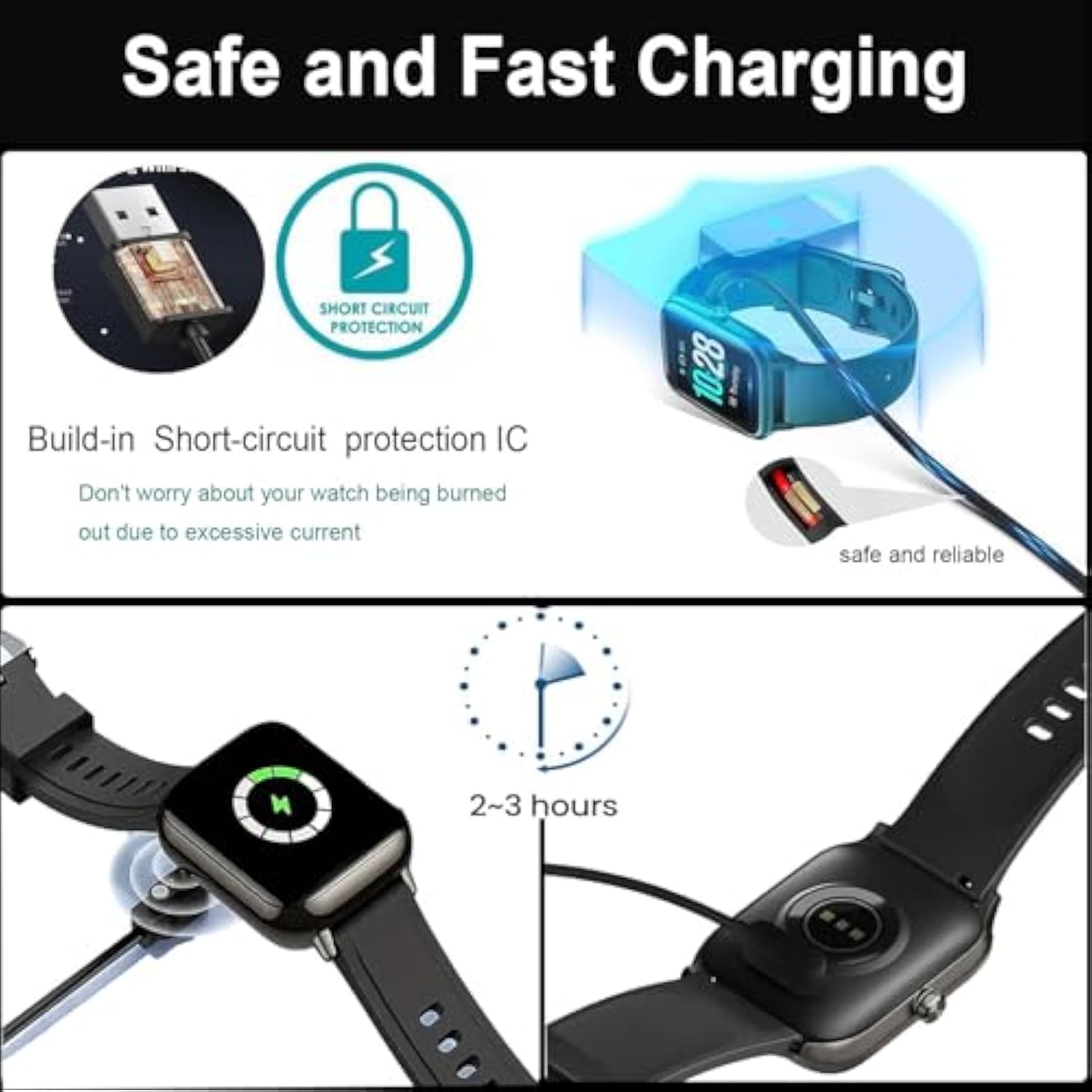 2-Pack Magnetic Cables Compatible With Eigiis Ke2 Ke3 Ke5 Ew5 Smart Watch Charger Usb Charging Cable (Black&Black)