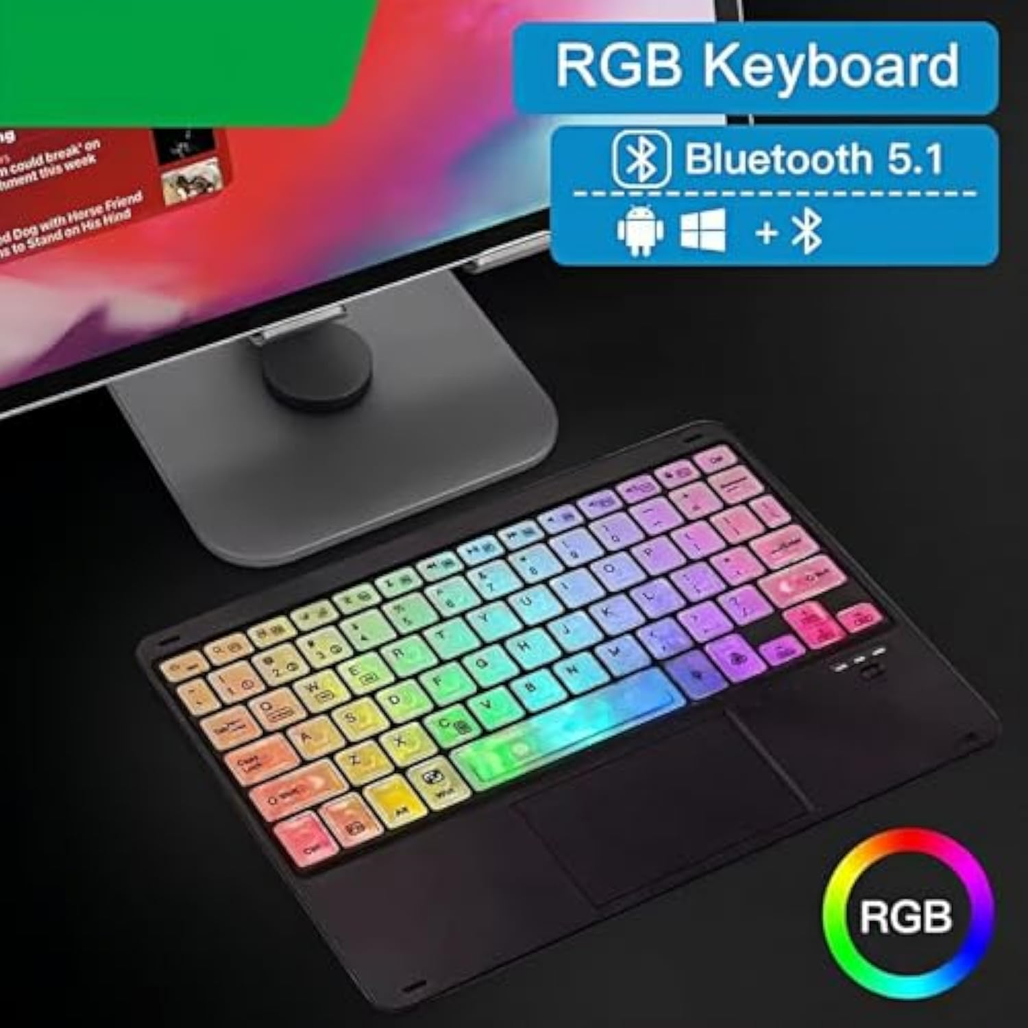 7-Color Backlit Ultra-Slim Transparent Bluetooth Keyboard With Built-In Touchpad And Mouse Portable Mini Rechargeable For Apple Ipad Iphone Samsung Tablet Iphone Smartphone Ios Android Windows-Black