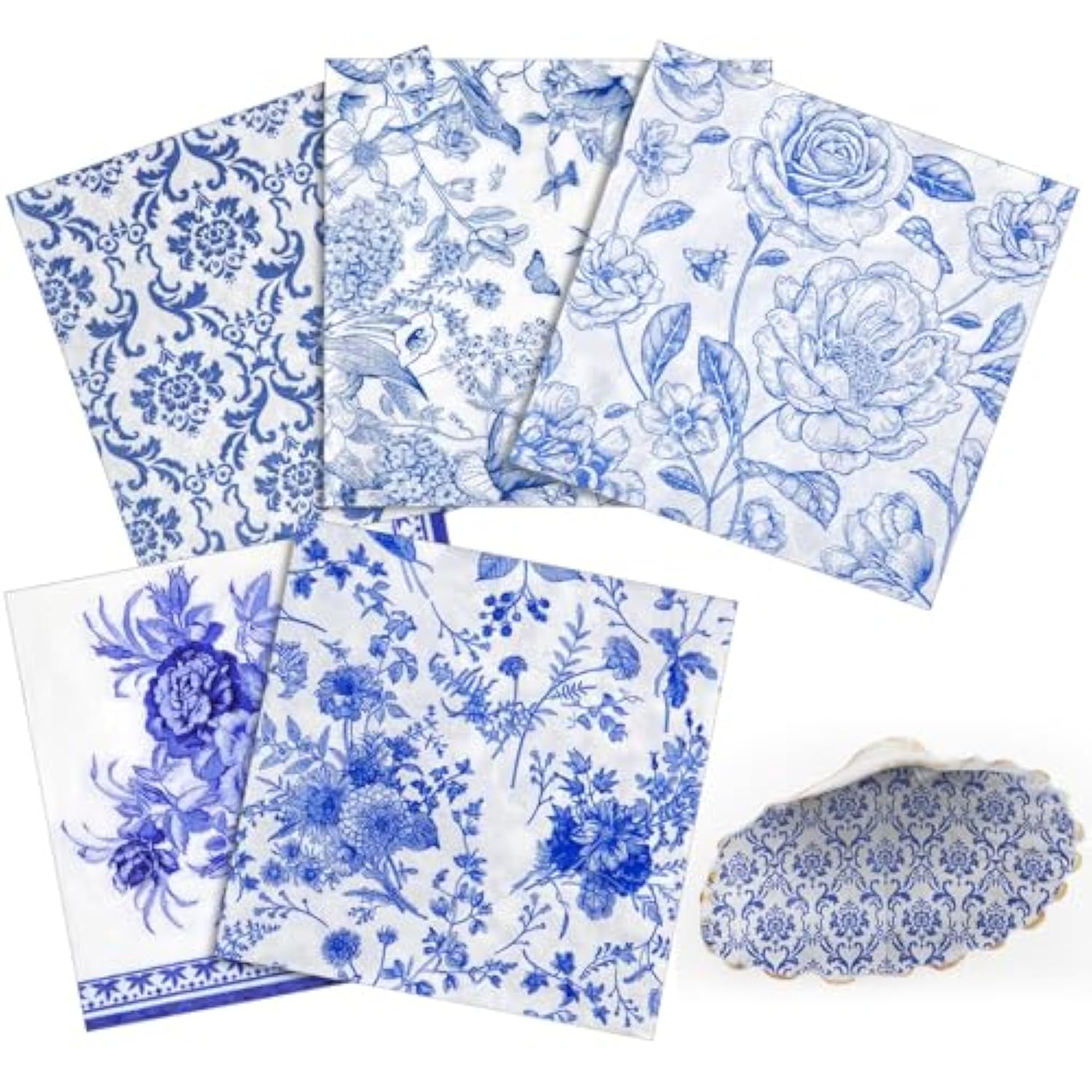 50 Pack 5 Styles Decoupage Napkins Decorative Napkins Floral Chinoiserie Cocktail Paper For Birthday Party Wedding Beautiful Gorgeous, Each Unfolded 13 Inch(Blue)