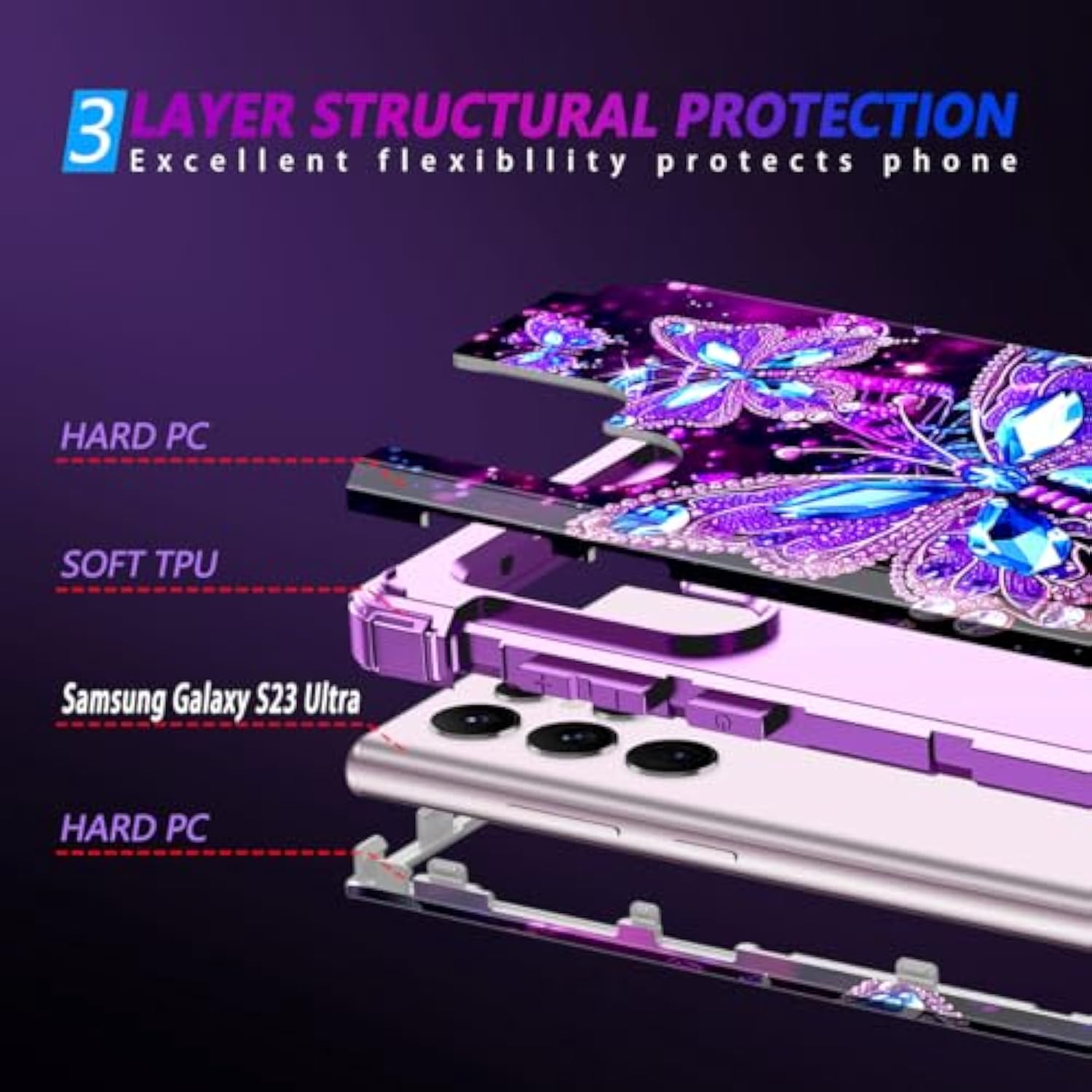 Compatible With Galaxy S23 Ultra 5G Case,Glow In The Dark Three Layer Heavy Duty Shockproof Protection Hard Plastic Bumper+Soft Silicone Case For Samsung Galaxy S23 Ultra,Dark