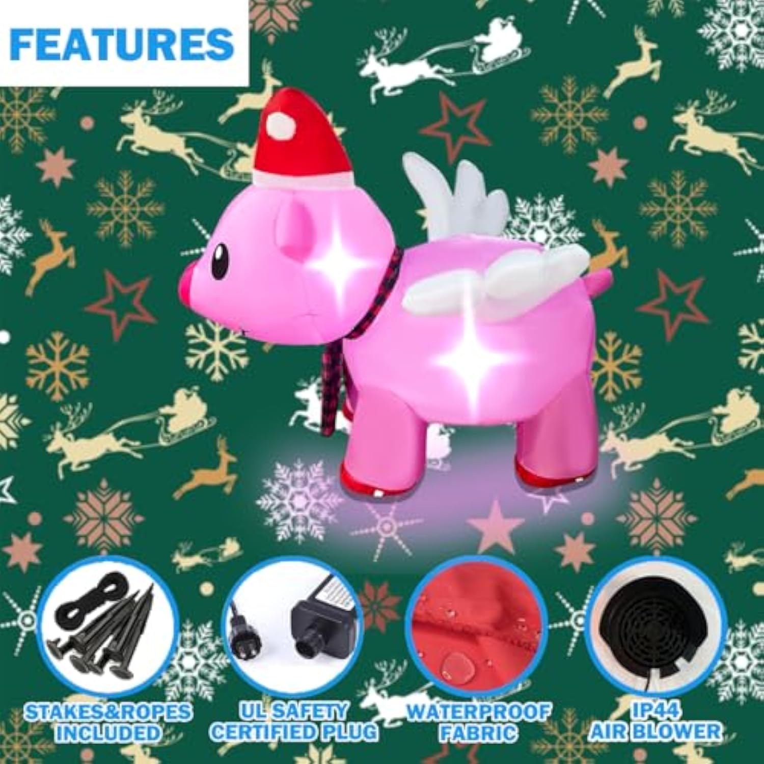 4Ft Inflatable Christmas Flying Pink Piggy Decoration, Led Lighted Blow Up Decor Indoor Outdoor Holiday Art Decor Decora