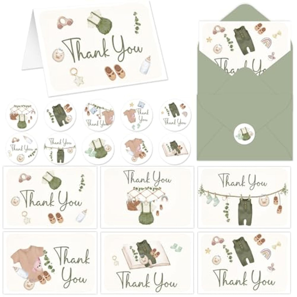24 Pack Baby Shower Thank You Cards Vintage Green Clothes Note Cards With Envelopes Stickers Sage Green Greeting Blank Card Woodland Personalized Thank You Card For Birthday Baby Shower Party Favors