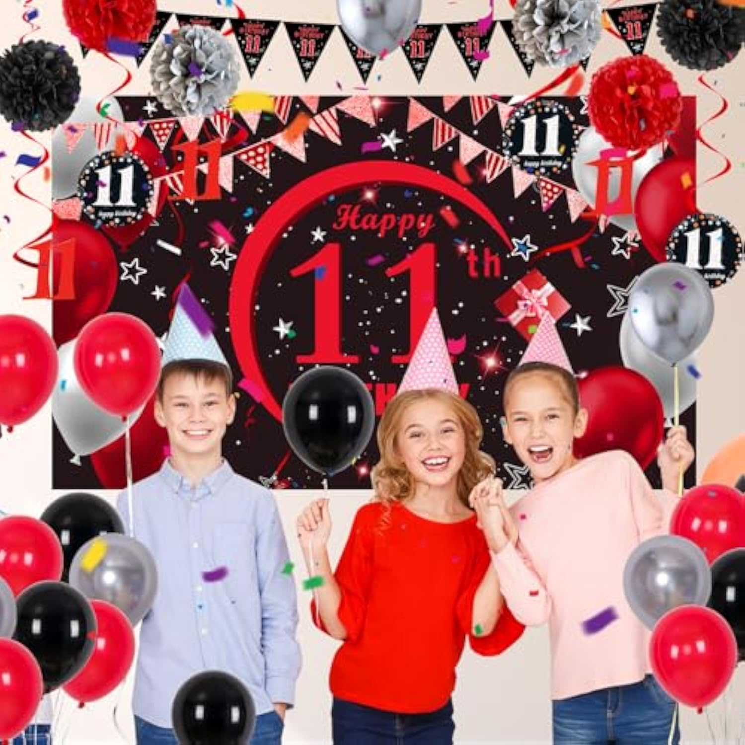 11Th Birthday Decorations For Boys Girls Red And Black, Happy 11Th Birthday Backdrop Banner, 11 Birthday Party Decoration Tablecloth Balloons Triangle Flag, 11 Year Old Boy Bday Party Supplies