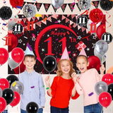11Th Birthday Decorations For Boys Girls Red And Black, Happy 11Th Birthday Backdrop Banner, 11 Birthday Party Decoration Tablecloth Balloons Triangle Flag, 11 Year Old Boy Bday Party Supplies