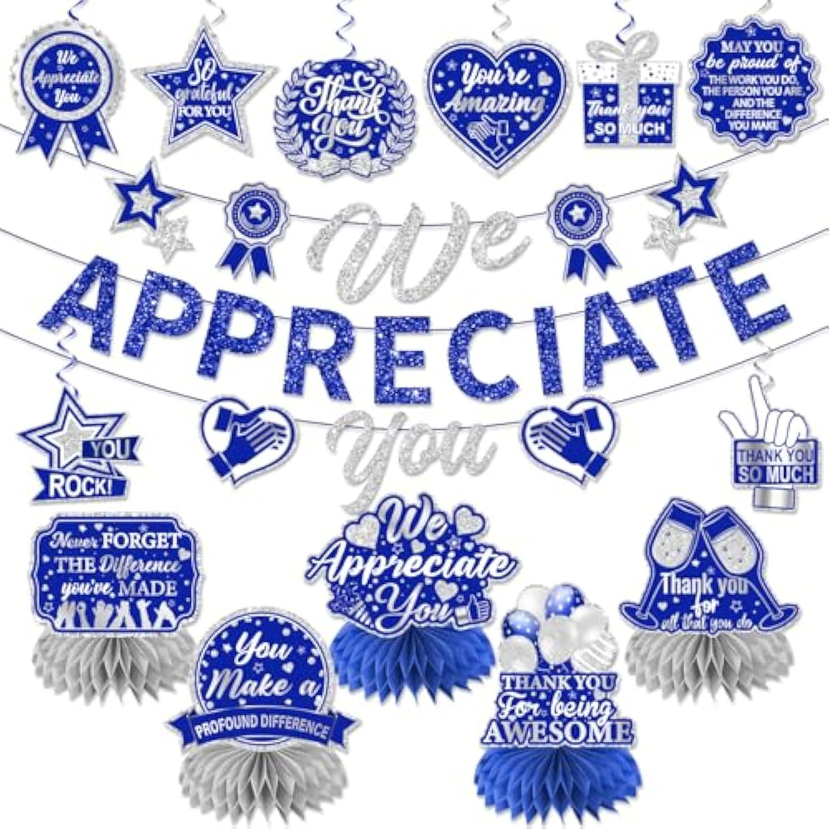 We Appreciate You Decorations, Blue Silver Thank You Decorations Includes We Appreciate You Banner And Employee Appreciation Table Decorations And Hanging Swirls For Pastor Appreciation Decorations