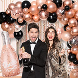 Rose Gold And Black Birthday Party Decorations For Women, Rose Gold Black Balloons Garland Arch Kit & Backdrop Tablecloth Champagne Star Heart Foil Balloon, Adult Rose Gold Birthday Decoration