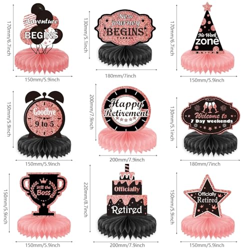 9PCS Rose Gold Retirement Party Decorations - Honeycomb Glitter Table Centerpiece Toppers for Happy Celebration Supplies for Women