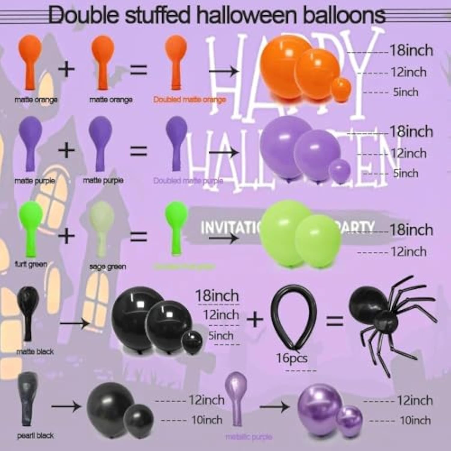 Black, Purple, Orange & Green Balloon Arch - Double Stuffed Garland for Halloween and Parties