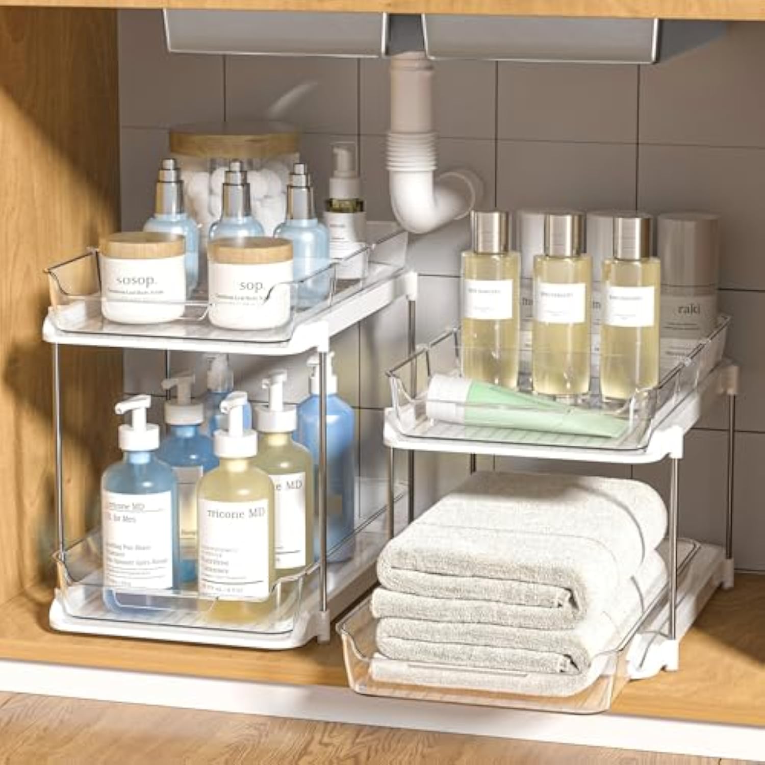 2 Sets Of 2-Tier Multi-Purpose Bathroom Under Sink Organizers And Storage, Stackable Kitchen Pantry Organization, Pull Out Medicine Cabinet Organizer With 8 Movable Dividers