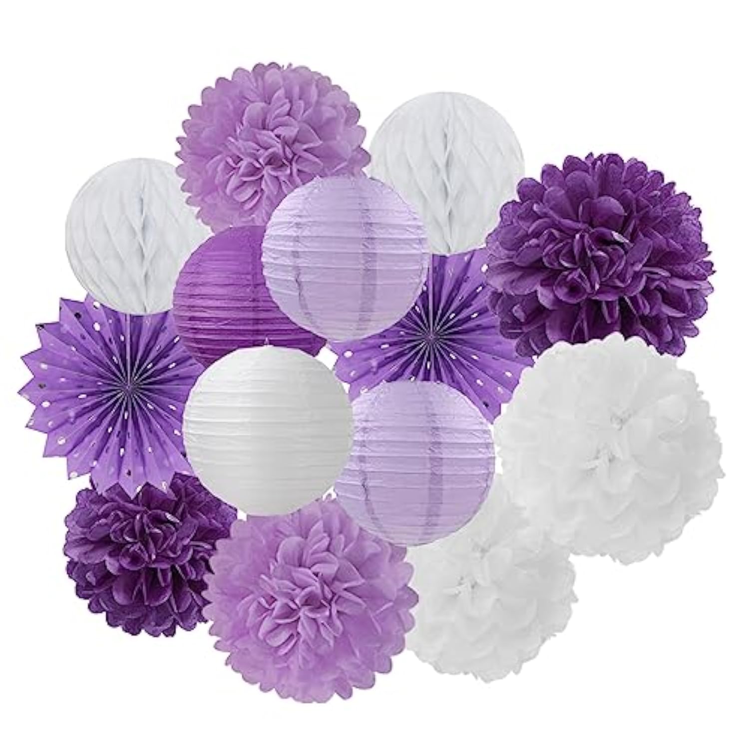 Purple & White Lavender Party Decor Set – 14pcs Streamers, Paper Lanterns, Fans, and Tissue Pom Poms for Birthdays, Bridal Showers