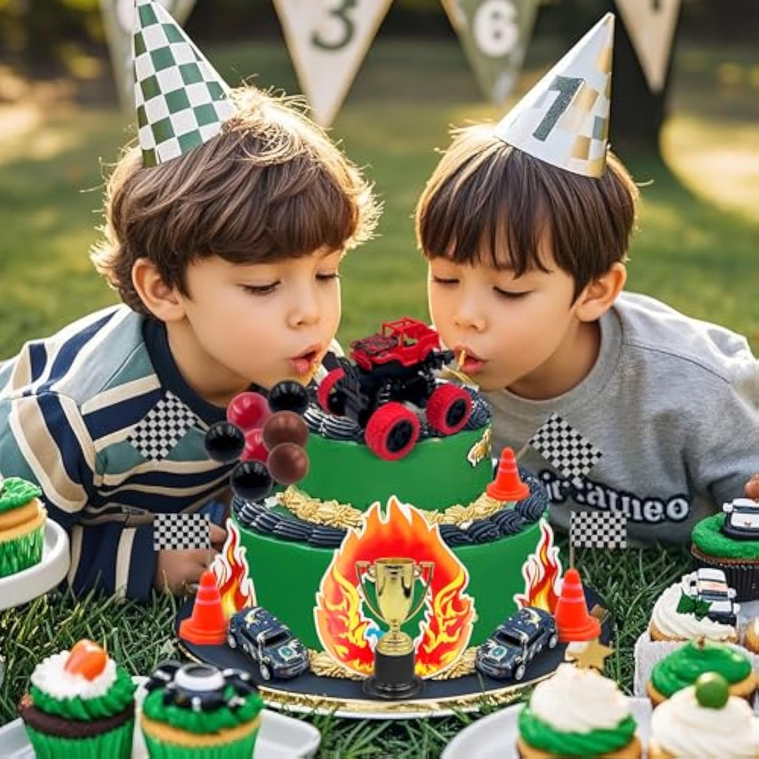 Truck Cake Decorations Race Car Themed Cake Toppers Truck Cupcake Toppers Flame Cupcake Topper For Boy Men Birthday Baby Shower Party Supplies