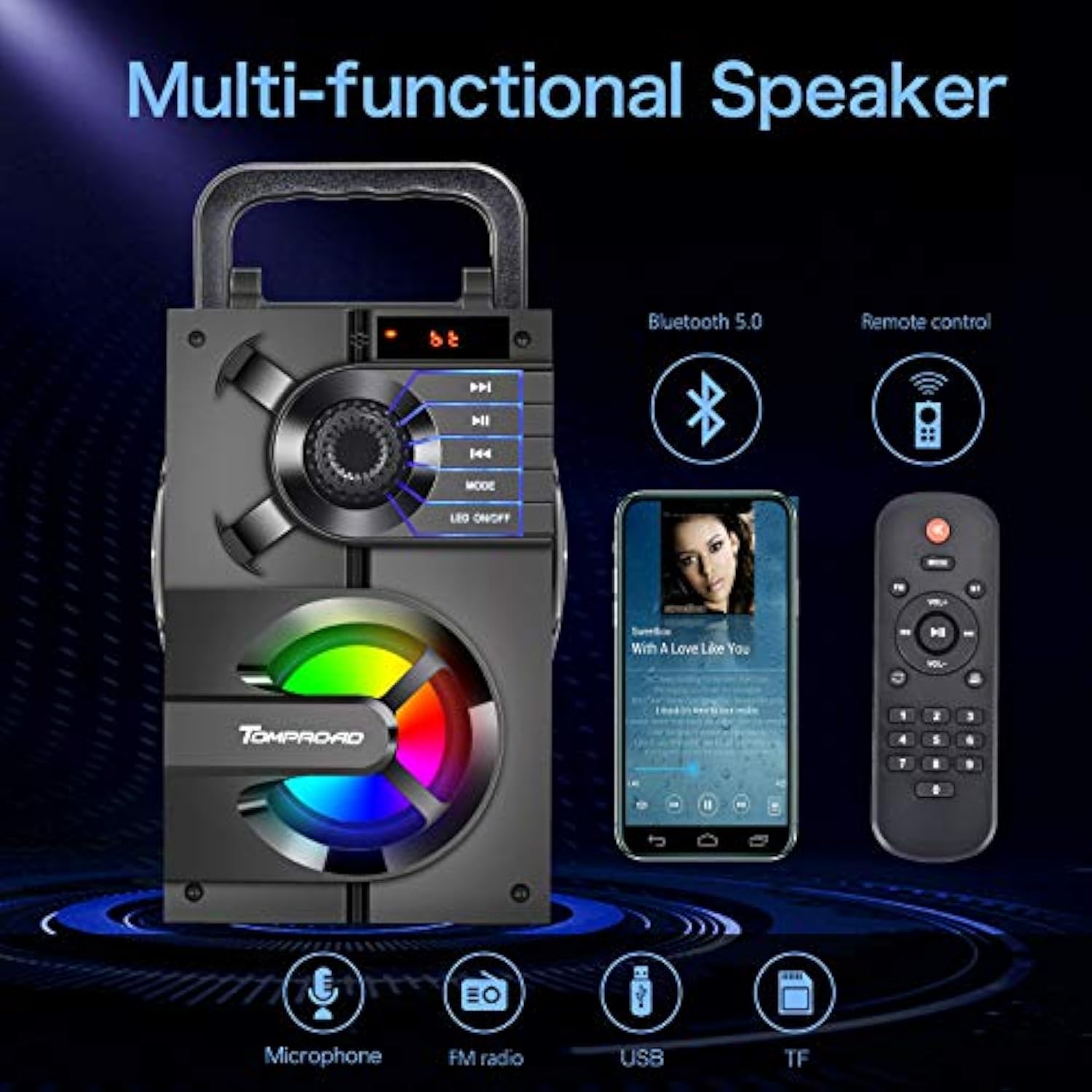 Bluetooth Speaker, Portable Bluetooth Speakers With Subwoofer Wireless Stereo Sound Rich Bass Outdoor Party Speakers Support Remote Control Fm Radio Led Lights