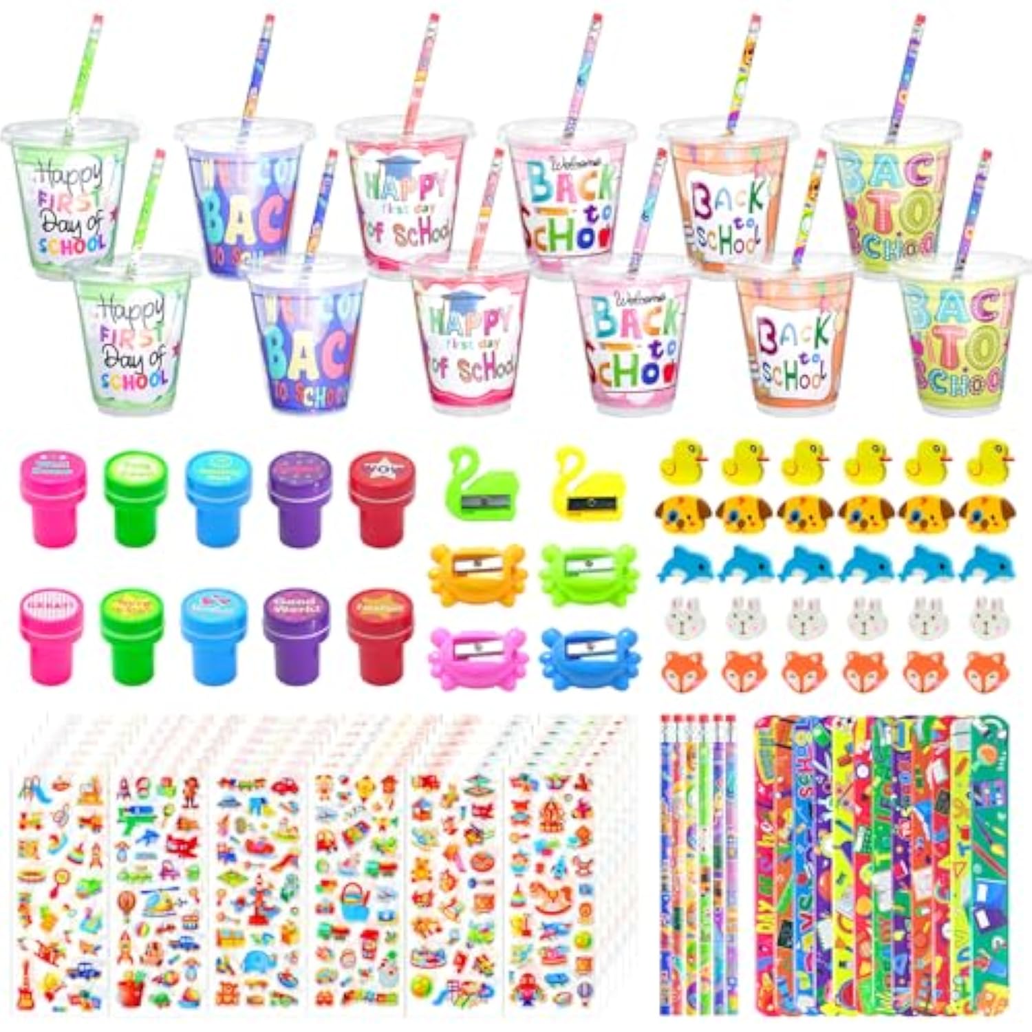 30 Set Back To School Stationery Gifts, First Day Of School Decoration Include Cup, Pencil, Stamp, Sticker, Slap Bracelets, Sharpener, Eraser, Lids, Card, Welcome To School Party For Students