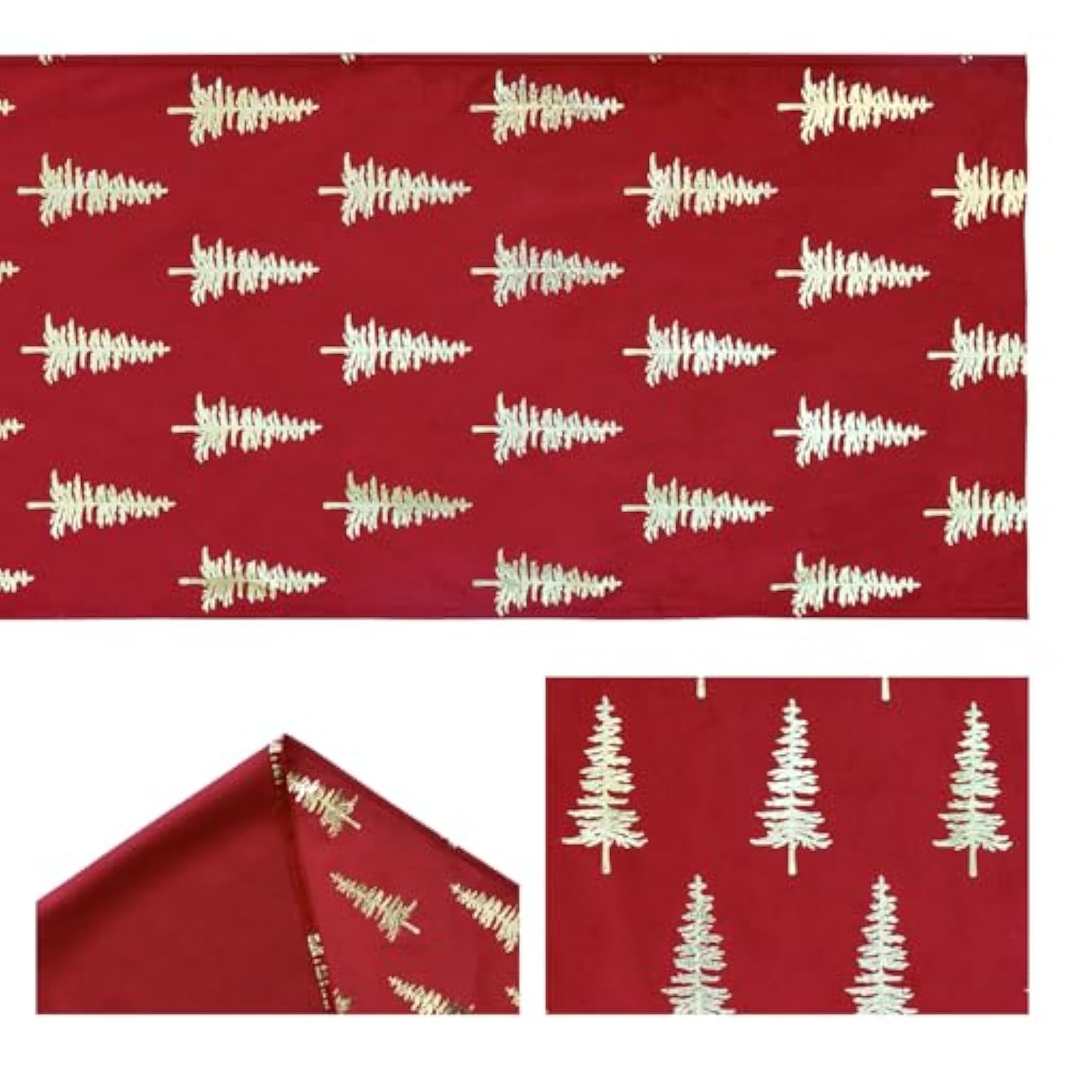 Christmas Tree Red Dutch Fleece Table Runner, Glitter Metallic Foil Holiday Kitchen Dining Table Decoration For Home Party Decor 13X72 Inch