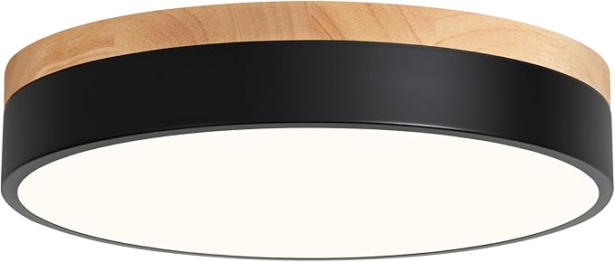 Modern Wood LED Ceiling Light with Remote Black Flush Mount 2700K-6000K Dimmable