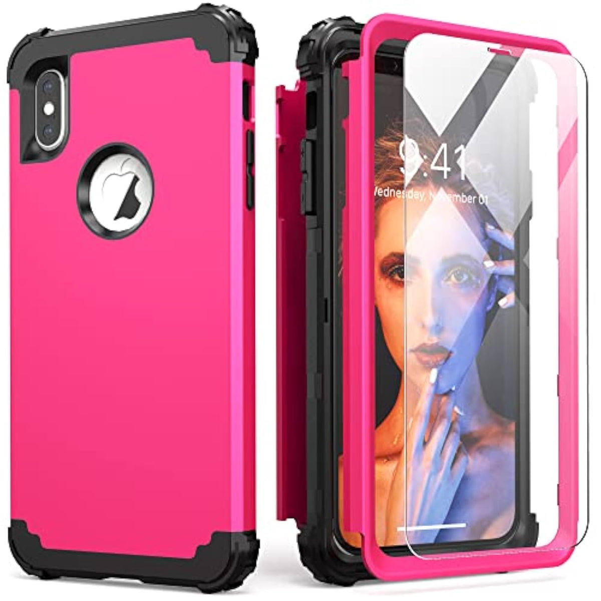 For Iphone Xs Max Case With Tempered Glass Screen Protector, 3 In 1 Shock Absorption Heavy Duty Protection Hard Pc Cover Soft Silicone Bumper Full Body Sturdy Case, Rose Red