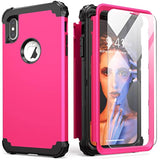 For Iphone Xs Max Case With Tempered Glass Screen Protector, 3 In 1 Shock Absorption Heavy Duty Protection Hard Pc Cover Soft Silicone Bumper Full Body Sturdy Case, Rose Red