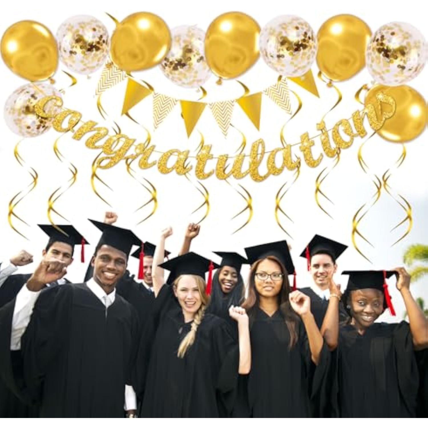 Congratulations Banner Kit - Glitter Congratulation Banner, Triangle Flag Banner, Star Circle Dots Garland, Hanging Swirls, Pre-Assembled Decorations For Graduation, Birthday, Anniversary Party Favors