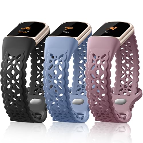 Floral Engraved Bands Compatible with Fitbit Charge 5 Band/Fitbit Charge 6 Band for Women, Charm Lace Silicone Soft Sport Watch Bands Bracelet Straps