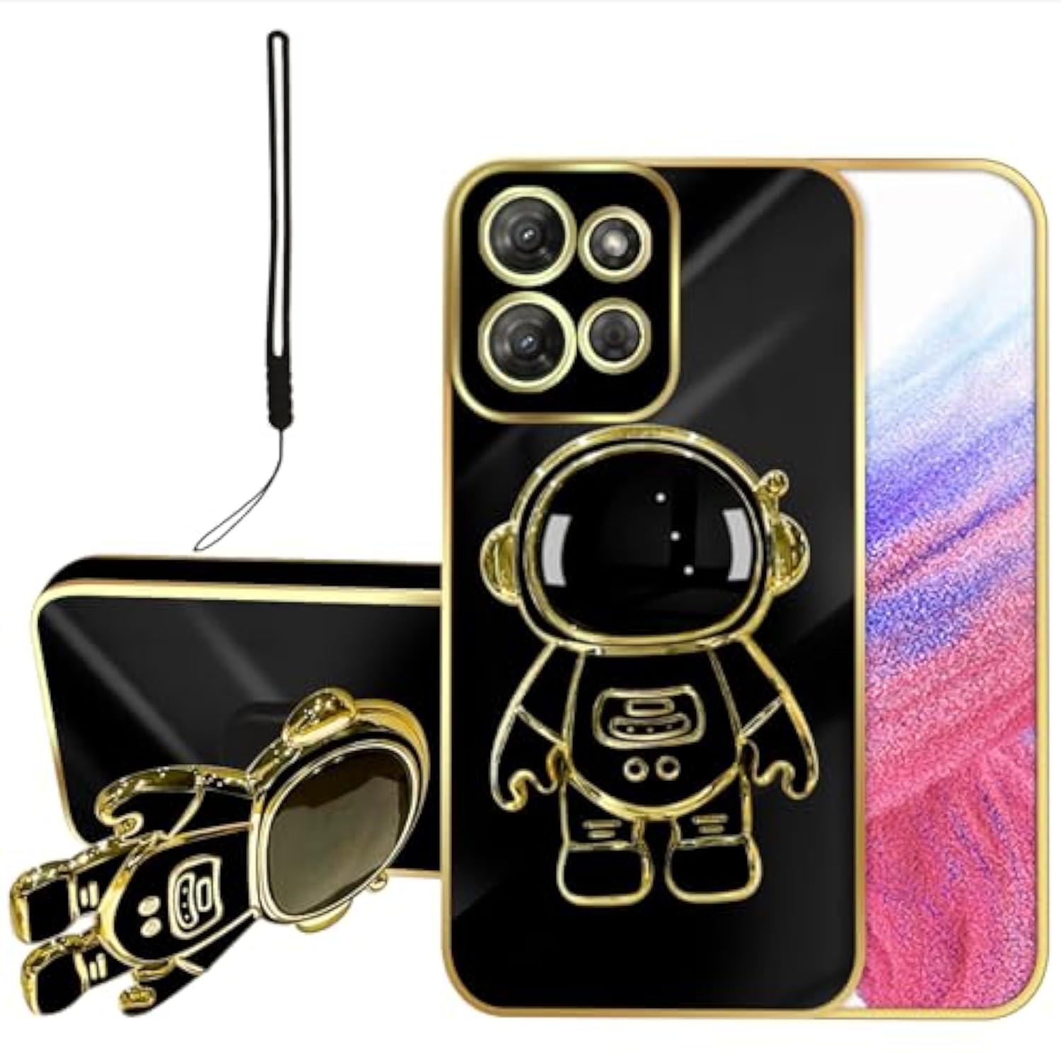 For Motorola Moto G Power 5G 2025 Case (6.8-Inch), With Astronaut Hidden Stand Kickstand 6D Design Cover - Black