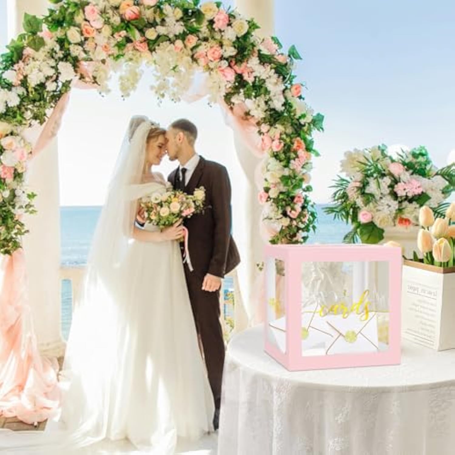 Clear Card Box For Party, 8.7" Gold Foil Gift Cards Receiving Box Holder For Wedding, Bridal Shower, Graduation, Birthday, Retirement, Baby Shower, Anniversaries Party Decorations (Pink)