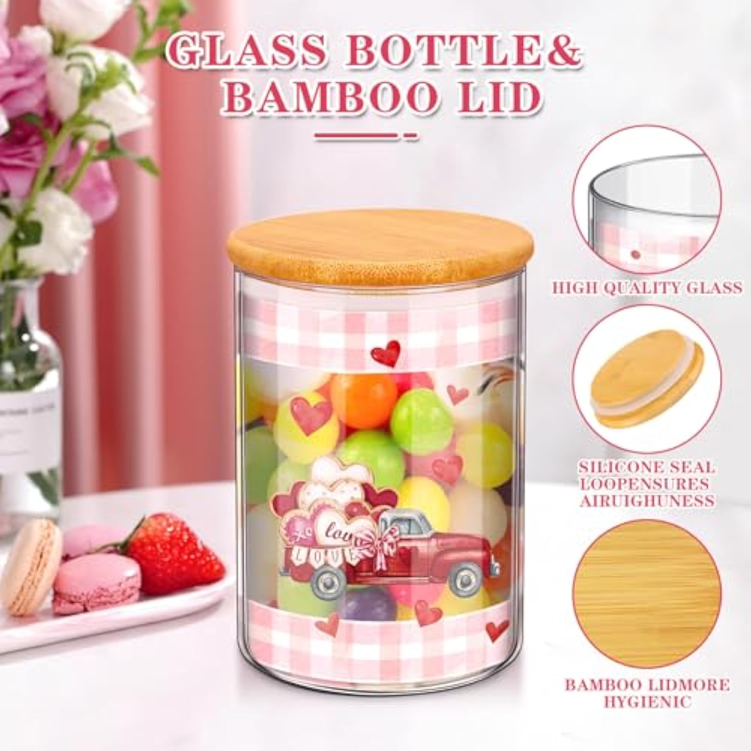 3 Pack Valentine'S Day Glass Storage Jars With Airtight Bamboo Lid Sets Buffalo Plaid Kitchen Decoration Love Heart Gnomes Canisters For Valentine Decorations Storage And Organization