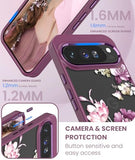 for Google 10 Pro XL Case+Tempered Glass Screen Protector, [Military Grade Protective] Slim Soft TPU & Hard PC,Girls Women Crystal Clear Flower