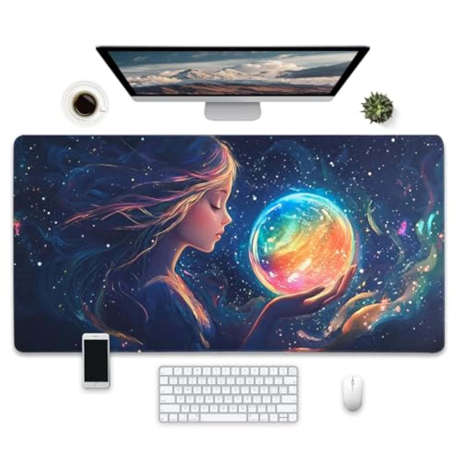 Extended Xxl Desk Mat, Fantasy Space Gaming Mouse Pad,Mouse Pad Gaming For Gamer, Office & Home?31.5X15.7 Inches,Mouse Pad Anime With Rainbow Planet,Computer Mats For Desktop