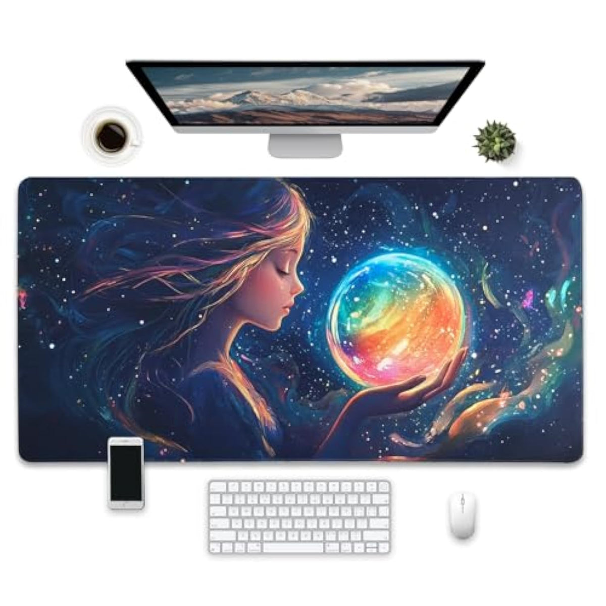 Extended Xxl Desk Mat, Fantasy Space Gaming Mouse Pad,Mouse Pad Gaming For Gamer, Office & Home?31.5X15.7 Inches,Mouse Pad Anime With Rainbow Planet,Computer Mats For Desktop