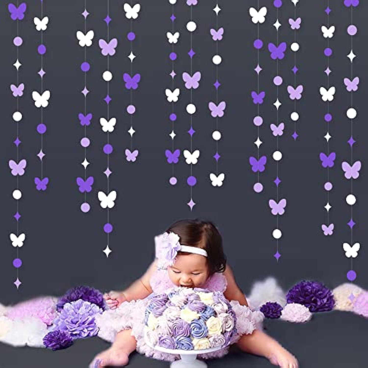 40Ft Lavender Butterfly Garland Purple White Hanging Circle Polka Dot