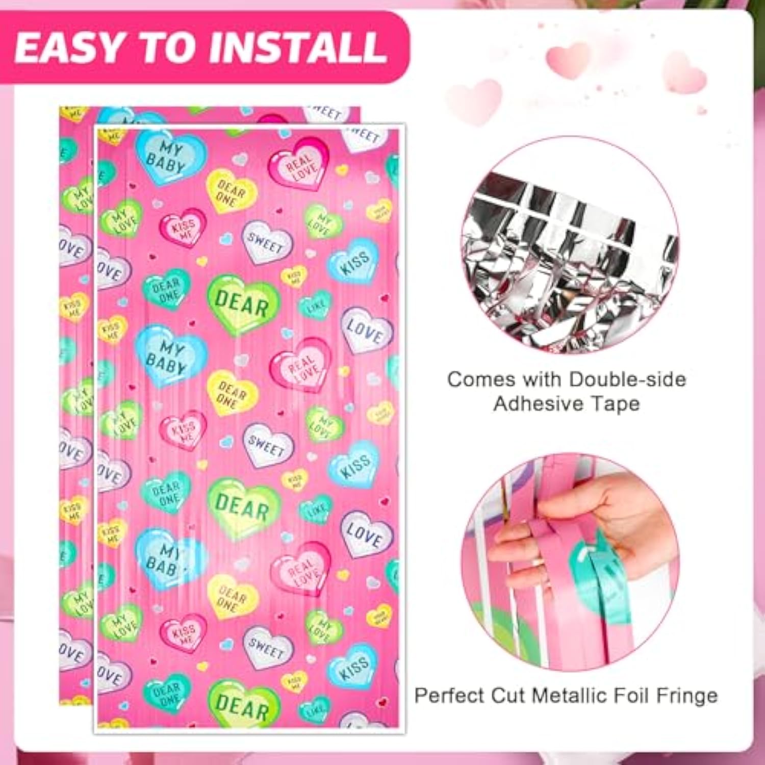 2Pcs Valentines Day Foil Fringe Curtains Backdrop, Sweet Conversation Heart Tinsel Valentines Day Photo Backdrop Streamers For Galentine’S Day Wedding Anniversary Romantic Party Supplies