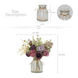 Fake Artificial Flowers With Vase Faux Silk Flower Bouquet In Glass Vase Rose Floral Arrangements Flower For Home Office Decoration, Dining Table Centerpiece (Purple)