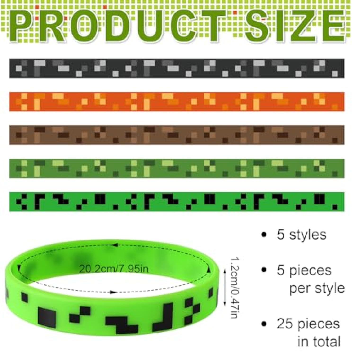 25Pcs Pixel Theme Party Favors Silicone Bracelets Birthday Supplies Gifts