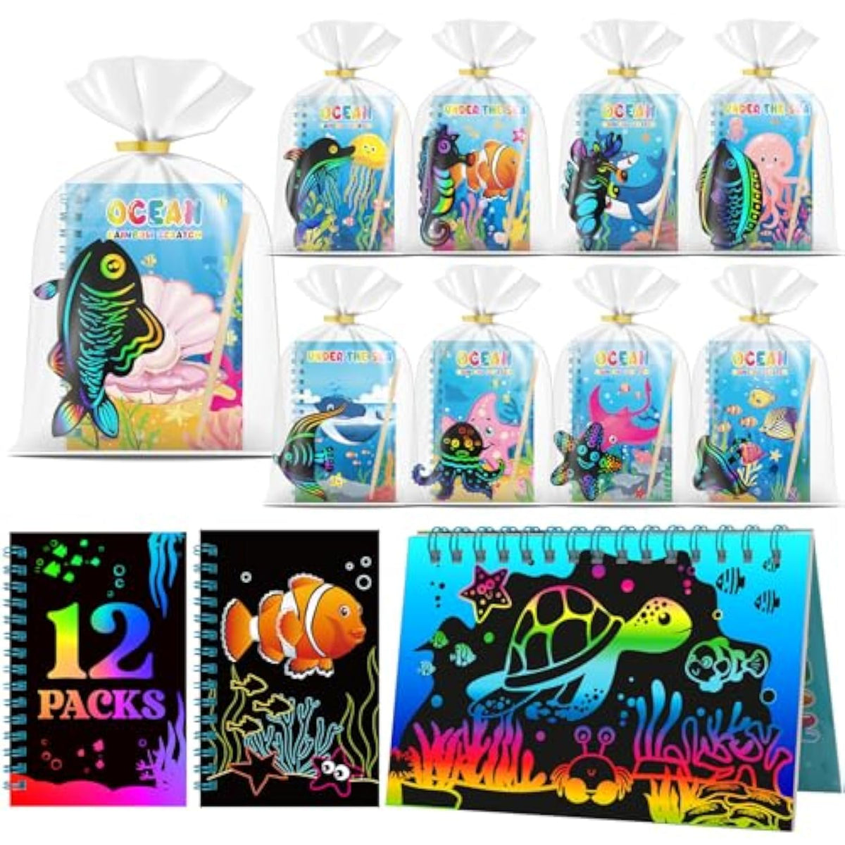 12 Pack Under The Sea Scratch Art Party Favors For Kids - Rainbow Scratch Paper With Ocean Animals Scratch Off Cards Easter Birthday Goodie Bags Stuffers - Return Gifts Diy Classroom Prizes