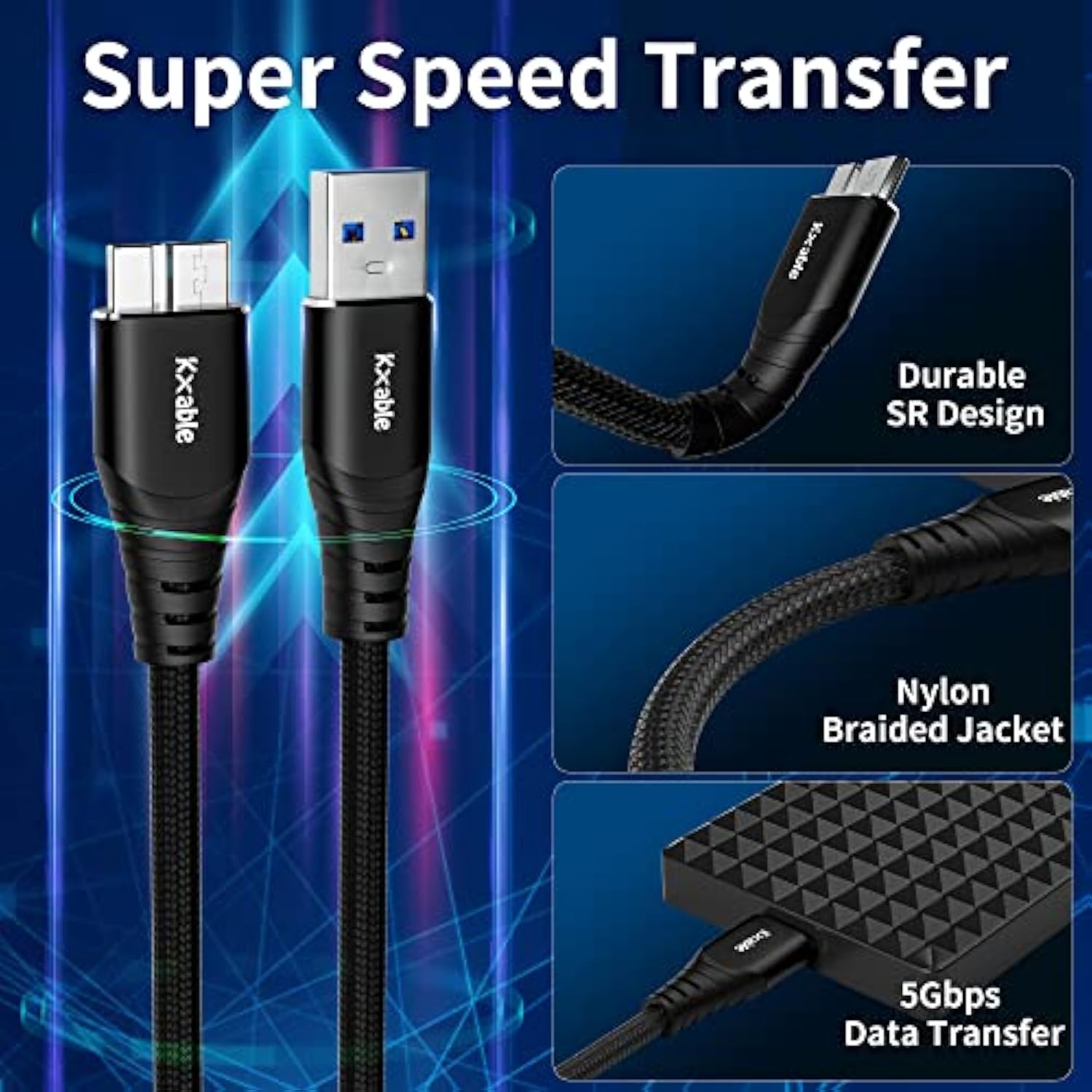 Micro 3.0 Cable 2 Feet (2 Pack), Usb 3.0 A To Micro B Cable, Nylon Braided A-M