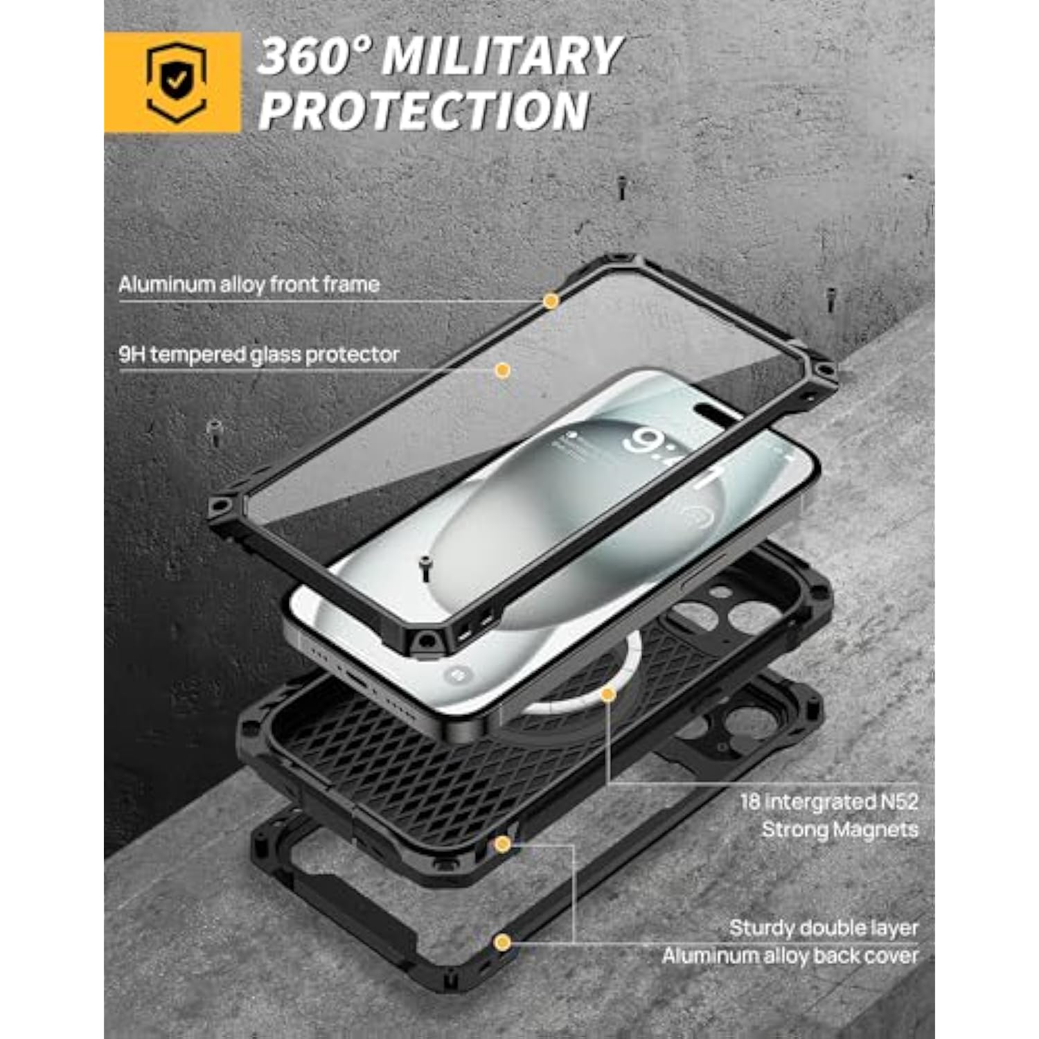 For Iphone 15 Metal Case, [Built-In Camera Kickstand & Glass Screen Protector] Heavy Duty Protective Rugged Full Body Military Grade Aluminum Magnetic Cover For Iphone 15 6.1" (Black)