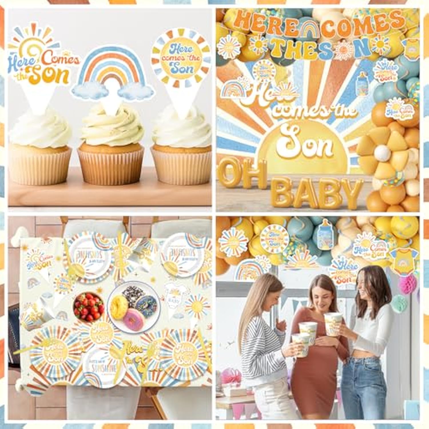 Here Comes The Son Baby Shower Decor - Boho Sun Baby Shower Party Tableware With Balloon Arch,Cake Topper,Banner Decorations For Boys Retro Boho Sun,You Are My Sunshine Party Supplies