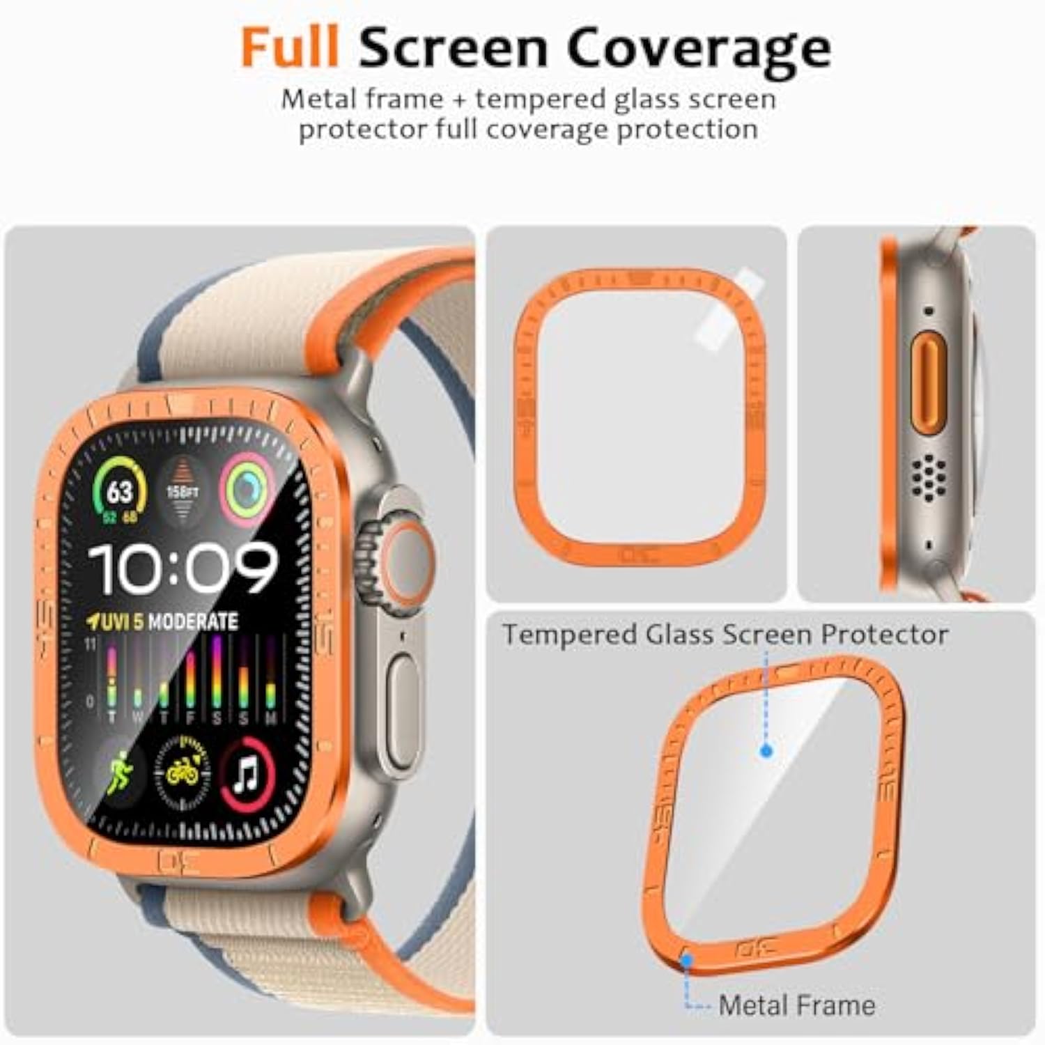 2 Pack For Apple Watch Ultra 2/Ultra Screen Protector 49Mm, [Touch Sensitive] Titanium Alloy Frame Anti-Scratch Hd Tempered Glass Protective Glass Film For Iwatch 49Mm (Numeric Orange)