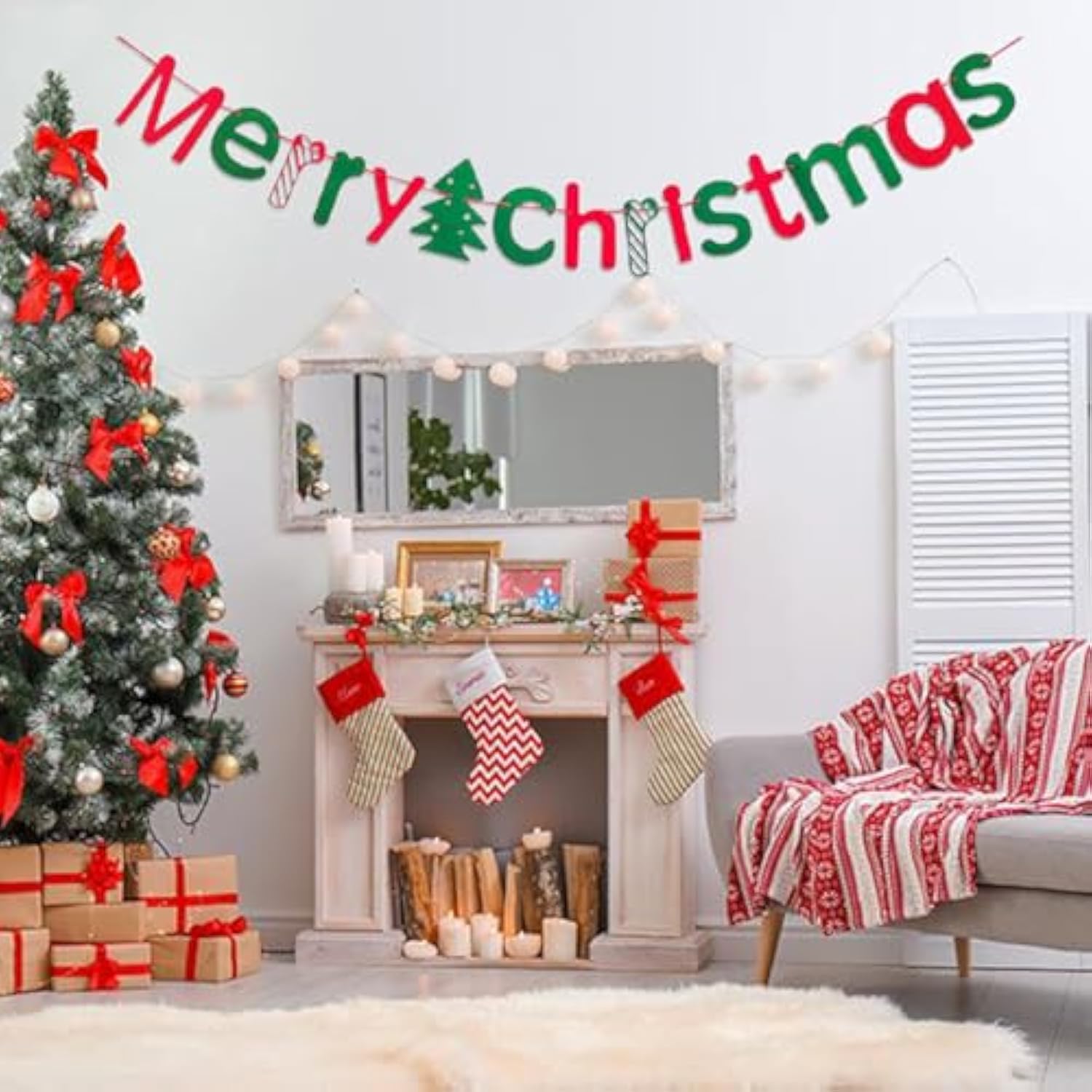 Merry Christmas Banner-Red And Green Merry Christmas Sign Felt Garland For Christma Party Decorations