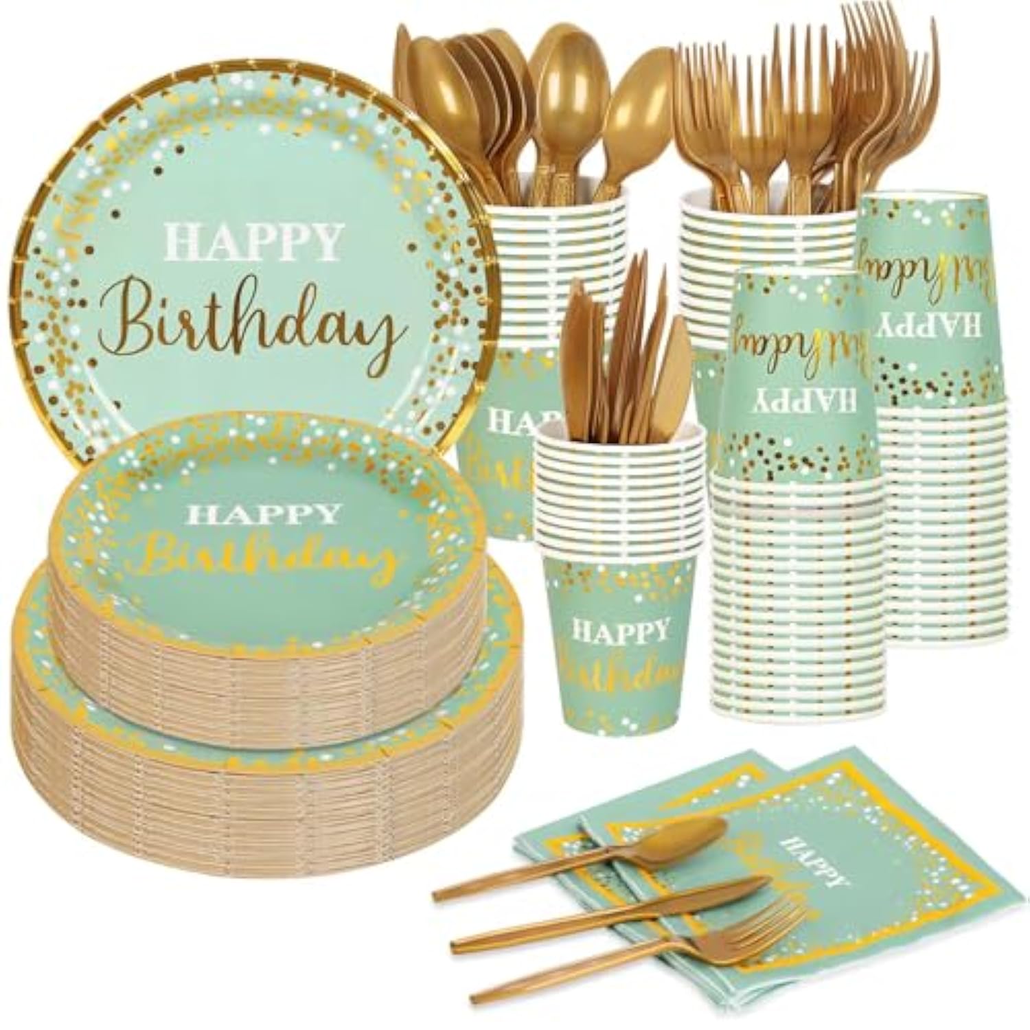 Sage Green And Gold Party Supplies 140 Pieces Happy Birthday Dinnerware - Sage Green Paper Plates, Napkins, Cups, Gold Plastic Forks, Knives, Spoons For Baby Shower Birthday Party Decoration
