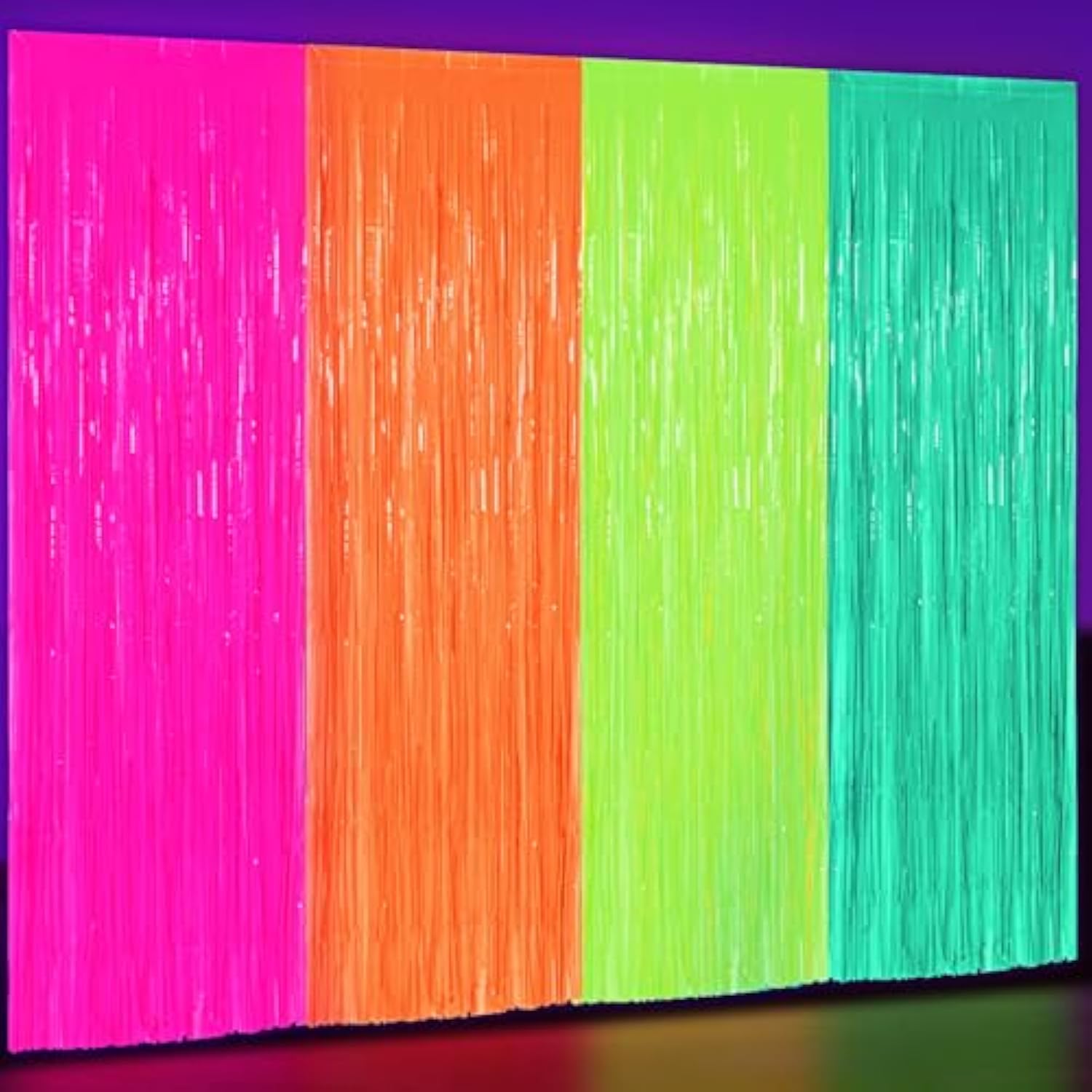 4 Pack Glow In The Dark Party Supplies 3.3X6.6 Feet Neon Party Decorations Neon Foil Fringe Backdrop Curtains Tinsel Streamers Backdrop Glow In The Dark Stars(Green, Rose Red, Yellow, Orange)
