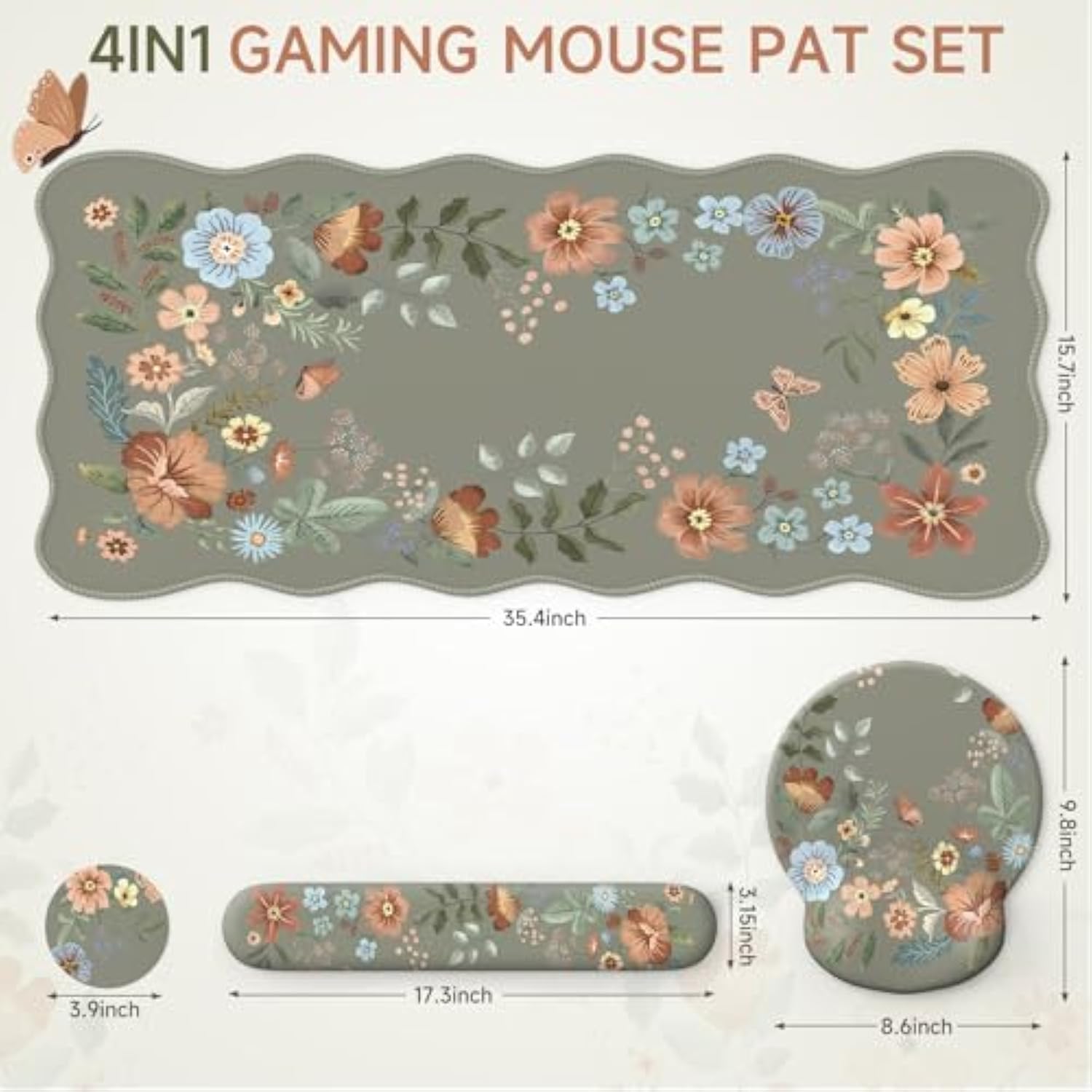 Desk Pad Mat Green, Wrist Rest Support For Mouse Pad&Keyboard Set, Scalloped Vanity Mat Protector For Makeup, Cute Floral Nail Mat, Aesthetic Desk Protector For Women'S Office Home, Dorm